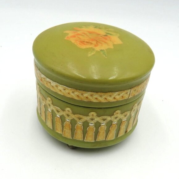 Vintage Trinket Box Green Decoupaged Yellow Rose Gold Detailing Velvet Lined - Picture 1 of 8